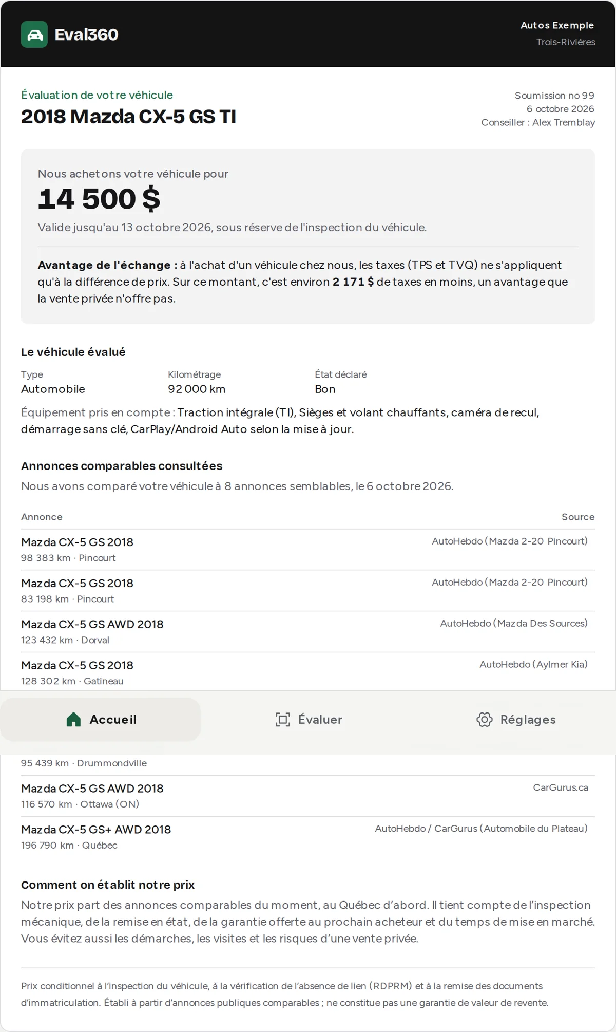 La soumission remise au client : l'unité, l'offre d'échange et l'économie de taxes, sans marge ni coût interne.