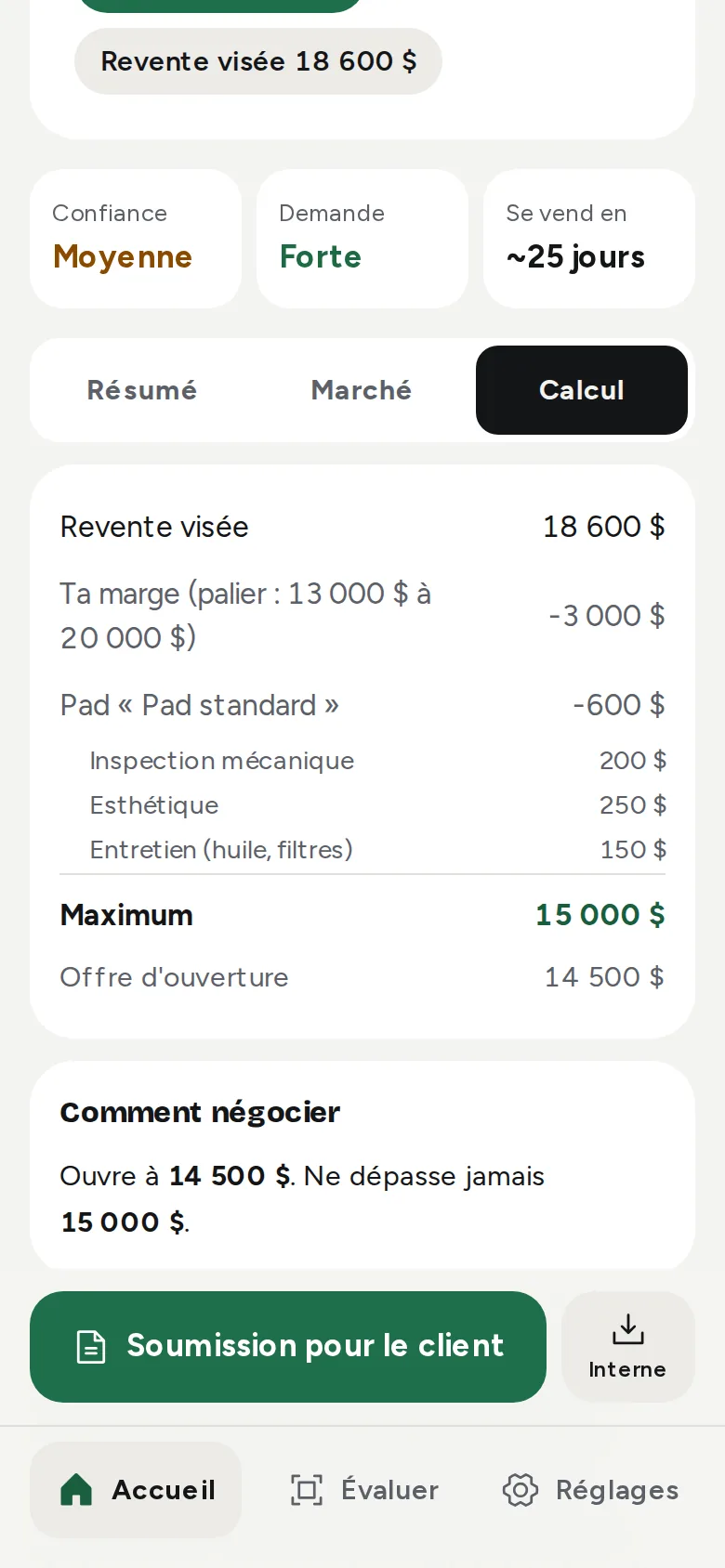 L'onglet Calcul : revente visée moins la marge du palier et le pad de recon, égale le maximum.