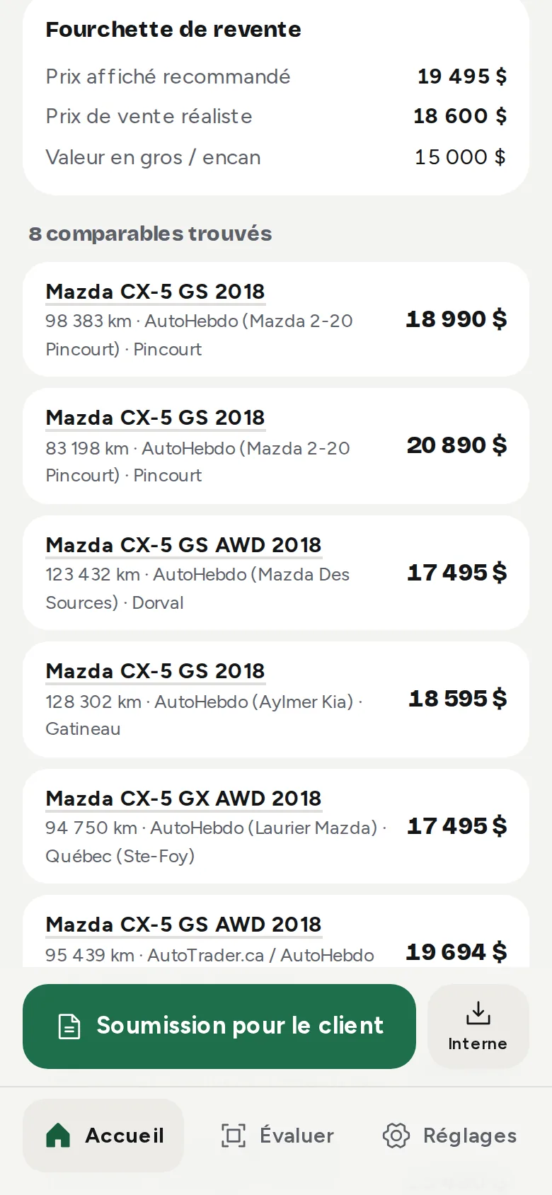 L'onglet Marché : fourchette de revente et 8 annonces de CX-5 2018 au Québec, avec prix, kilométrage et ville.